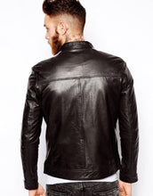 Load image into Gallery viewer, Men's New Striped Motorcycle Leather Jacket. Real Soft Sheepskin Leather Jacket.