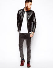Load image into Gallery viewer, Men's New Striped Motorcycle Leather Jacket. Real Soft Sheepskin Leather Jacket.