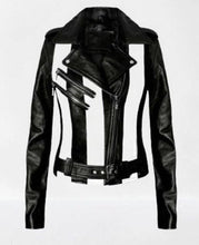 Load image into Gallery viewer, Women's Black & White Biker Leather Jacket. Real Soft Sheepskin leather jacket.