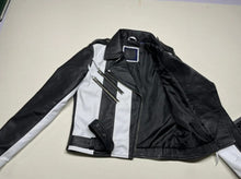 Load image into Gallery viewer, Women's Black & White Biker Leather Jacket. Real Soft Sheepskin leather jacket.