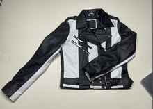 Load image into Gallery viewer, Women's Black & White Biker Leather Jacket. Real Soft Sheepskin leather jacket.