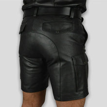 Load image into Gallery viewer, Men's Black Cargo leather Short. Real Soft Sheepskin Belted Biker leather Shorts