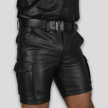 Load image into Gallery viewer, Men's Black Cargo leather Short. Real Soft Sheepskin Belted Biker leather Shorts