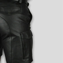 Load image into Gallery viewer, Men's Black Cargo leather Short. Real Soft Sheepskin Belted Biker leather Shorts