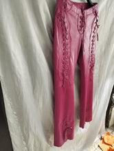 Load image into Gallery viewer, Women's Laced Up Pink Leather Pants. 100% Real Soft Sheepskin Biker Leather Pant