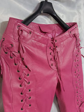 Load image into Gallery viewer, Women's Laced Up Pink Leather Pants. 100% Real Soft Sheepskin Biker Leather Pant