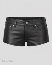 Load image into Gallery viewer, Black Genuine Sheepskin Leather Low Rise Hot Pants, Biker Clubwear Festival Mini Shorts
