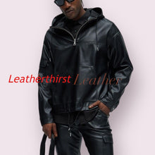 Load image into Gallery viewer, New Men's Hooded Bomber Leather Jacket| Genuine Sheepskin Leather T-shirt Style Jacket.