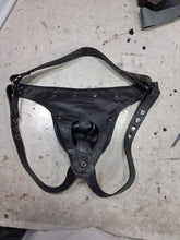 Load image into Gallery viewer, A pair of two Men's Black Striped Leather Thong Jock. Real Leather Breathable Jockstraps 34