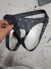 Load image into Gallery viewer, A pair of two Men's Black Striped Leather Thong Jock. Real Leather Breathable Jockstraps 34