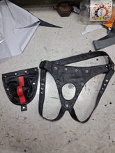 Load image into Gallery viewer, A pair of two Men's Black Striped Leather Thong Jock. Real Leather Breathable Jockstraps 34
