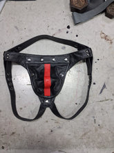 Load image into Gallery viewer, A pair of two Men's Black Striped Leather Thong Jock. Real Leather Breathable Jockstraps 34