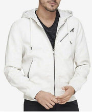 Load image into Gallery viewer, New Mens White Premium Hooded Biker Jacket. Real Soft Sheep Skin Leather Jacket.