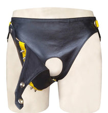 Load image into Gallery viewer, A pair of two Men's Black Gladiator Studded Brief. Real Soft Sheepskin Leather.