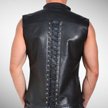 Load image into Gallery viewer, Black leather vest for mens. Real Soft sheepskin lace up motorcycle Leather Vest