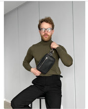 Load image into Gallery viewer, Genuine Leather Fanny Pack Cross Body Zipper Waist Bag. Belt Purse Black Pouch.