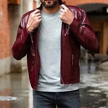 Load image into Gallery viewer, Men's burgundy leather motorcycle jacket. Genuine soft lambskin leather biker jacket.