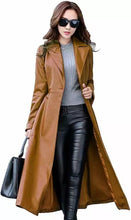 Load image into Gallery viewer, Women's Brown Trench Leather Jacket coat. Real Soft Lambskin Leather Long Coat