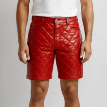 Load image into Gallery viewer, New red quilted leather shorts for mens. Genuine Sheepskin Biker leather shorts.
