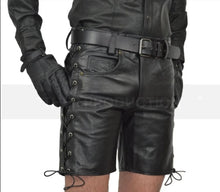 Load image into Gallery viewer, Men's Black Laced Leather Shorts. Real Soft Sheepskin Breathable leather Shorts.