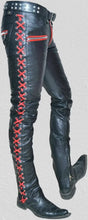 Load image into Gallery viewer, Mens Side Laced Black & Red Biker Leather Pant. Real Soft Lambskin Leather Pant 34
