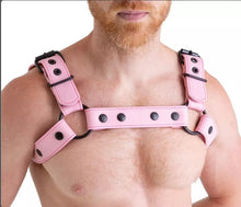 Load image into Gallery viewer, Men's Pink Leather Bulldog Harness Belt. Real Cowhide Adjustable Chest Harness.