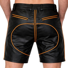 Load image into Gallery viewer, Men's Black Full Zipper Leather Shorts. Genuine Sheepskin Leather Striped Shorts