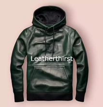 Load image into Gallery viewer, Men's & boys Olive Green & Black Premium Leather Hoodie. Real Soft Lambskin leather Hoody.