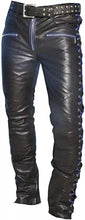 Load image into Gallery viewer, Mens Side Laced Black & Blue Biker Leather Pant. Real Soft Lambskin Leather Pant