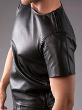 Load image into Gallery viewer, Mens & boys black half sleeve leather T-Shirt. Real Sheepskin leather round neck