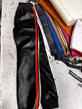 Load image into Gallery viewer, Men's Leather Black Lambskin Sweat Red Striped Pant. Real Soft Leather Joggers trouser