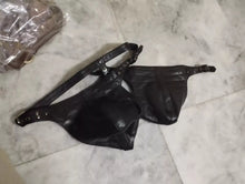 Load image into Gallery viewer, A pair of two Men's Black Double Layered Thong Jock. Real Sheepski Leather Jockstraps