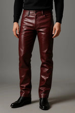 Load image into Gallery viewer, Men's Leather Burgundy Lambskin Sweat Jeans Pants. Real Soft Leather Jeans 34.