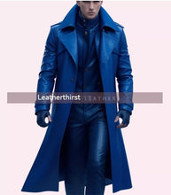 Load image into Gallery viewer, New Mens Blue Trench Leather Long Coat. Real Soft Lambskin Leather Jacket XL