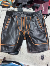 Load image into Gallery viewer, Men's Black Full Zipper Leather Shorts. Genuine Sheepskin Leather Striped Shorts
