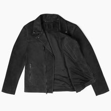 Load image into Gallery viewer, Mens Black Motorcycle Leather Jacket . Real Soft Sheepskin Suede leather jacket.