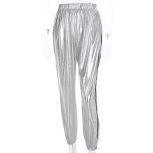 Load image into Gallery viewer, A pair of 2 women's silver striped leather pant. Real soft sheepskin leather track 34