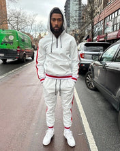 Load image into Gallery viewer, New Mens White Leather Tracksuit Set. Real Soft Sheepskin Leather Striped Hoody.