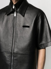 Load image into Gallery viewer, Men's & boys black double collared leather t-shirt. Real Soft Sheepskin leather T-shirt.