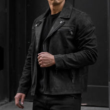 Load image into Gallery viewer, Mens Black Motorcycle Leather Jacket . Real Soft Sheepskin Suede leather jacket.
