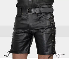Load image into Gallery viewer, Men's Black Laced Leather Shorts. Real Soft Sheepskin Breathable leather Shorts.