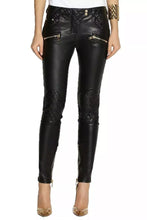 Load image into Gallery viewer, Women's Black Quilted Biker Leather Pant. Real Soft Lambskin Leather Jeans 34.