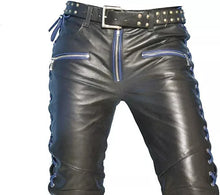 Load image into Gallery viewer, Mens Side Laced Black & Blue Biker Leather Pant. Real Soft Lambskin Leather Pant