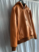 Load image into Gallery viewer, Mens Camel Tan Hooded Bomber Leather Jacket. Real Soft Sheepskin Leather Jacket.