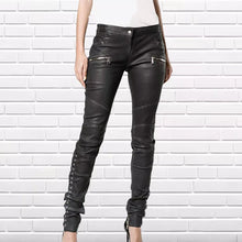 Load image into Gallery viewer, Women's Black leather Pants. Real soft sheepskin Biker leather jeans for females