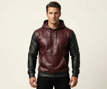 Load image into Gallery viewer, New Mens Burgundy Leather Hoody| Genuine Soft Sheepskin Leather Hooded Jacket