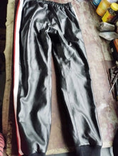 Load image into Gallery viewer, Men's Leather Black Lambskin Sweat Striped Pant. Real Soft Leather Joggers trouser