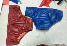 Load image into Gallery viewer, A pair of two Men's Maroon & Blue Leather Briefs. Real Soft Sheepskin Leather Underwear's 32