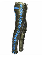 Load image into Gallery viewer, Mens Side Laced Black & Blue Biker Leather Pant. Real Soft Lambskin Leather Pant