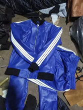 Load image into Gallery viewer, Men's & boys blue Leather Hoodie & Trouser. Real Soft Sheepskin leather striped tracksuit.